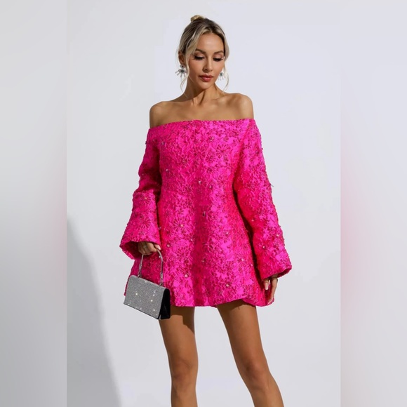 catchall Dresses & Skirts - Holly Pink Off Shoulder Jacquard Floral Mini Dress